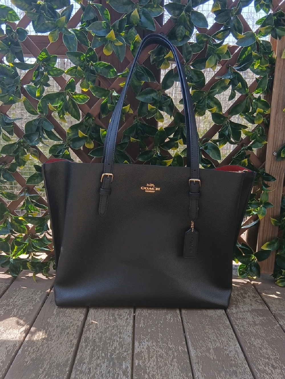 Coach Black Leather Tote with Red Interior Accents